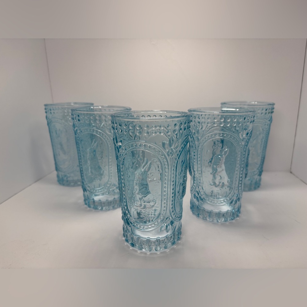 Tabla Home Blue Hobnail Rabbit Glasses Spring 16oz Set Of 5 Cottage Whimsical